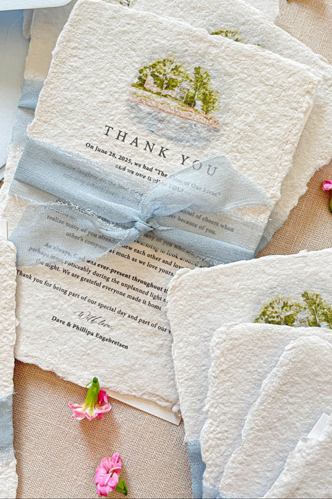 Close-up of handmade cotton paper thank you card featuring a custom watercolor venue illustration.