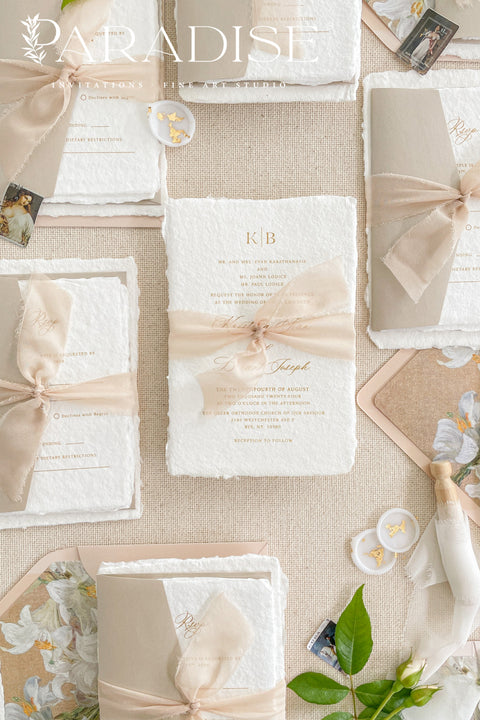 This exquisite wedding invitations suite offers a perfect blend of bohemian charm, natural texture, and elegant artistry. Each boho invites set is printed on luxurious handmade paper with a delicate deckle edge, providing a rich, tactile feel and a timeless finish. This fine art stationery is ideal for a relaxed yet sophisticated celebration, beautifully setting a warm and inviting tone for your guests.