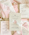 This handmade paper wedding invitation suite exudes timeless elegance with a touch of modern artistry. Crafted on luxury cotton paper with deckled edges, each invitation tells a story of care and craftsmanship. The delicate texture pairs beautifully with blush and ivory tones, creating a look that feels both classic and ethereal. Every detail is completed with a wax seal monogram, adding a touch of old-world refinement.