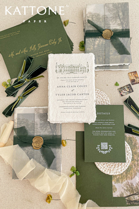 Announce your special day with a personal and elegant touch with these custom wedding invitations. Featuring a beautiful, hand-drawn custom venue illustration, this suite captures the natural beauty of your location. Perfect for a garden wedding, the illustrations and details are printed in crisp white ink on our rich forest paper, creating a striking and sophisticated contrast that sets a beautiful tone for your celebration.