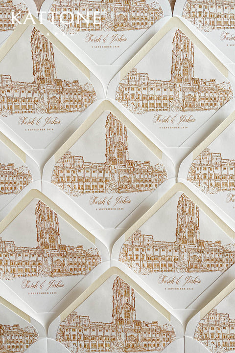 Fine art venue illustration featuring detailed architectural sketch printed for luxury wedding envelope liners.