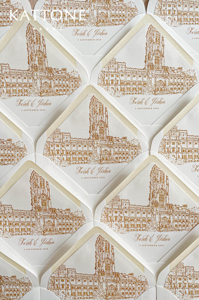 Fine art venue illustration featuring detailed architectural sketch printed for luxury wedding envelope liners.