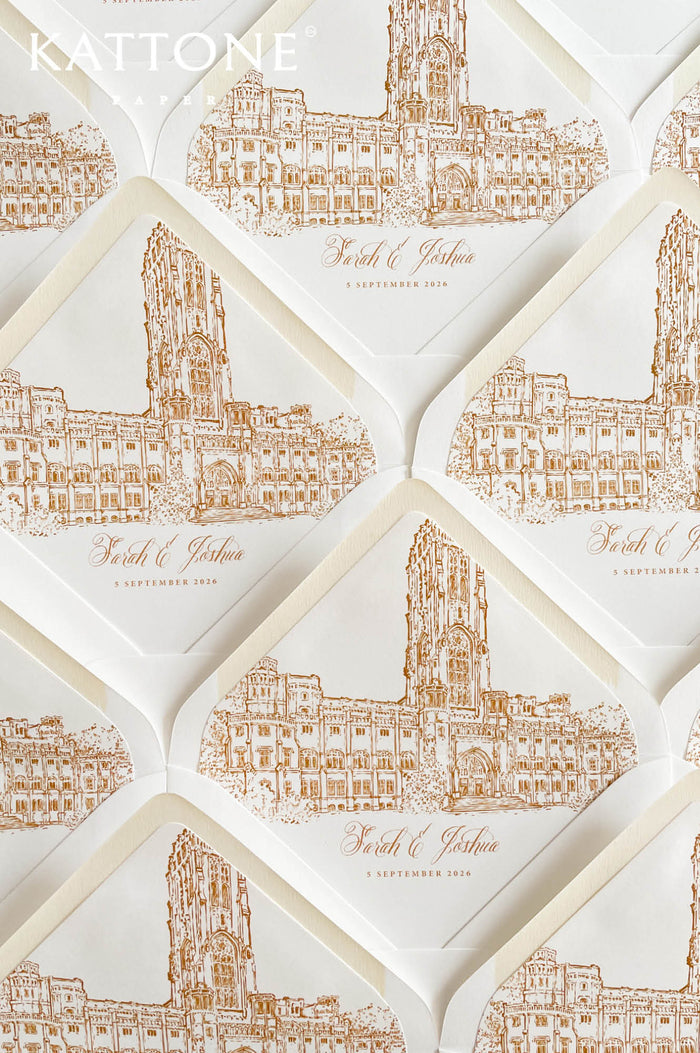 Luxury wedding envelopes with custom venue illustration liners featuring architectural sketch artwork in warm neutral tones.