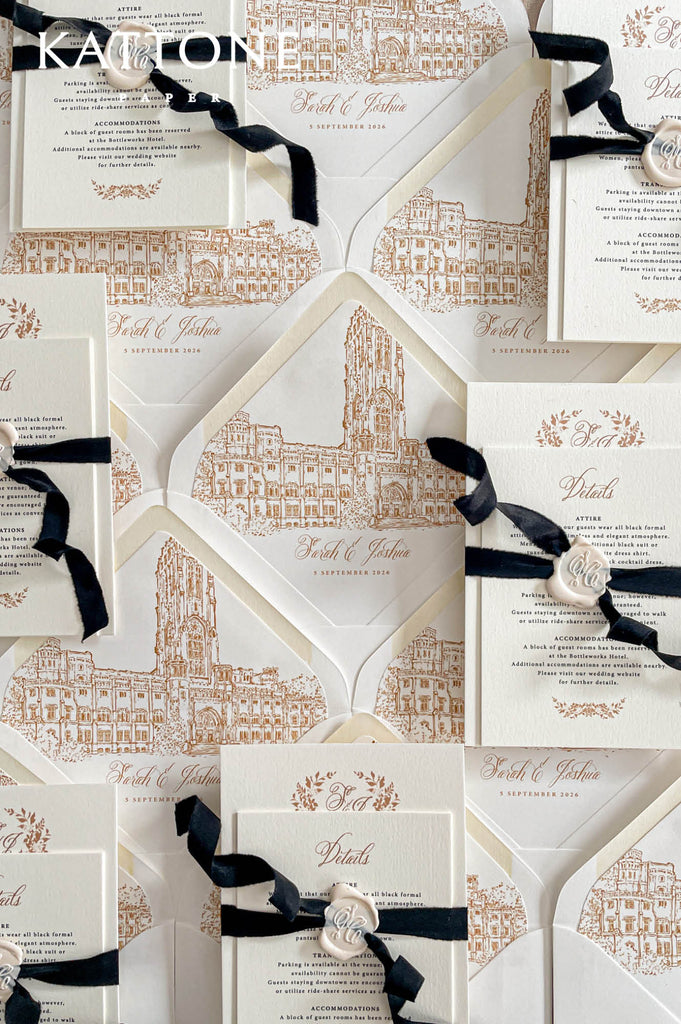 Fine art venue illustration featuring detailed architectural sketch printed for luxury wedding envelope liners.