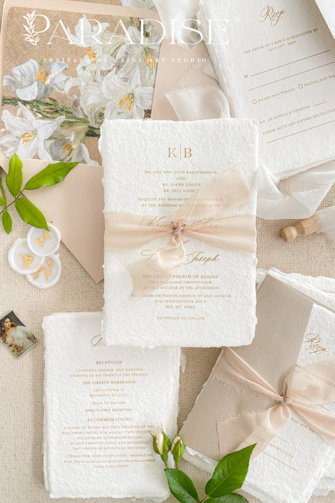 This exquisite wedding invitations suite offers a perfect blend of bohemian charm, natural texture, and elegant artistry. Each boho invites set is printed on luxurious handmade paper with a delicate deckle edge, providing a rich, tactile feel and a timeless finish. This fine art stationery is ideal for a relaxed yet sophisticated celebration, beautifully setting a warm and inviting tone for your guests.