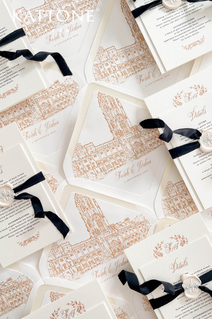 Luxury envelopes with coordinating custom cathedral artwork liners create a cohesive and elegant wedding suite.