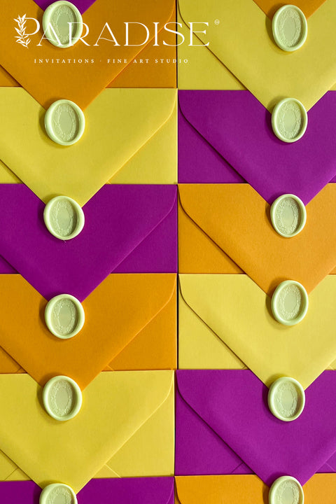 Overlapping envelopes in multiple bold colors emphasizing vibrant tones, smooth texture, and premium paper craftsmanship.