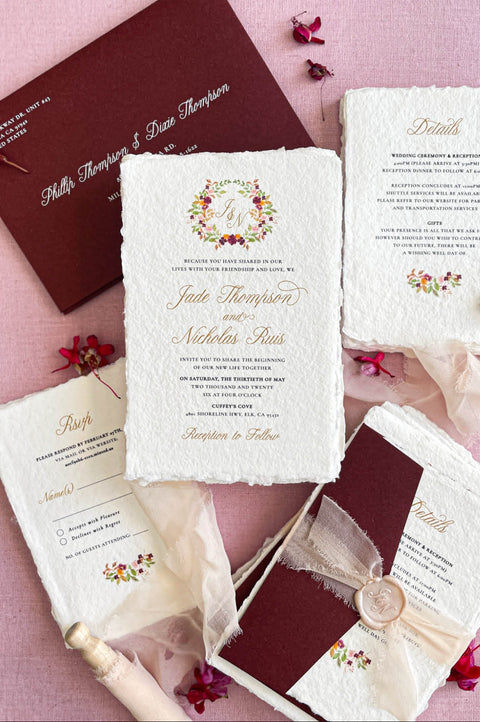 Handmade paper wedding invitations with deckle edges, elegant typography, and luxury wedding stationery styling.
