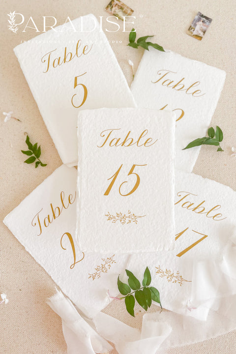 Handmade cotton paper paired with refined gold script creates a timeless, fine-art aesthetic perfect for elevated wedding tablescapes. The soft deckle edges and subtle botanical touches bring a romantic, artisan feel, while the clean layout ensures each number remains beautifully readable. Ideal for classic, modern, and luxury weddings, this design blends natural texture with shimmering sophistication.