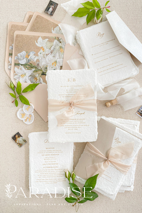 This exquisite wedding invitations suite offers a perfect blend of bohemian charm, natural texture, and elegant artistry. Each boho invites set is printed on luxurious handmade paper with a delicate deckle edge, providing a rich, tactile feel and a timeless finish. This fine art stationery is ideal for a relaxed yet sophisticated celebration, beautifully setting a warm and inviting tone for your guests.