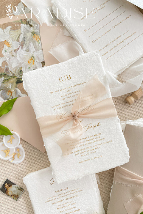 This exquisite wedding invitations suite offers a perfect blend of bohemian charm, natural texture, and elegant artistry. Each boho invites set is printed on luxurious handmade paper with a delicate deckle edge, providing a rich, tactile feel and a timeless finish. This fine art stationery is ideal for a relaxed yet sophisticated celebration, beautifully setting a warm and inviting tone for your guests.