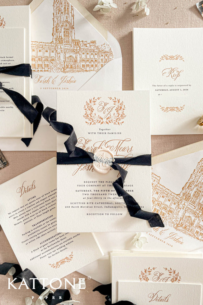 Luxury wedding invitation suite featuring premium smooth cardstock, elegant calligraphy typography, custom architectural venue illustration, black velvet ribbon, and coordinating formal wedding stationery.