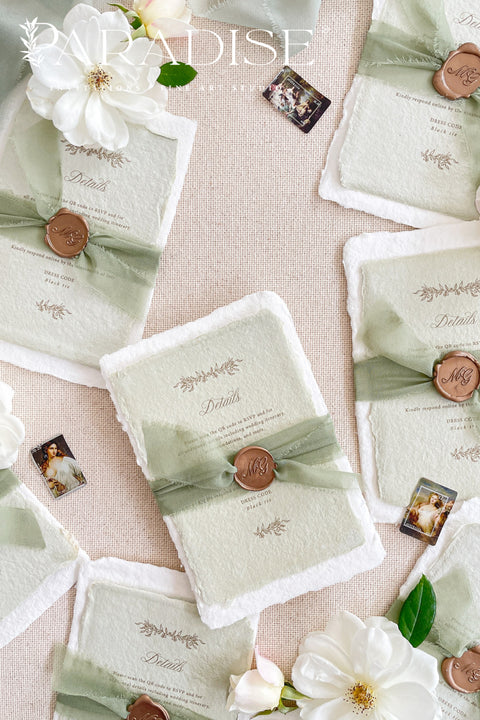 This exquisite wedding invitations suite offers a blend of natural elegance and modern romance. Perfect for a green summer wedding, these invitations are printed on luxurious handmade paper, which provides a rich, tactile feel. The elegant modern calligraphy design adds a touch of contemporary sophistication, setting a fresh and heartfelt tone for your special day.