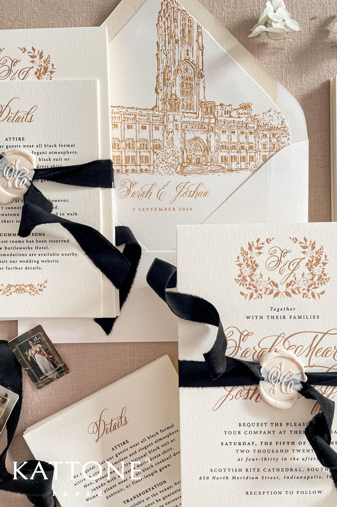 Luxury envelopes with coordinating custom cathedral artwork liners create a cohesive and elegant wedding suite.