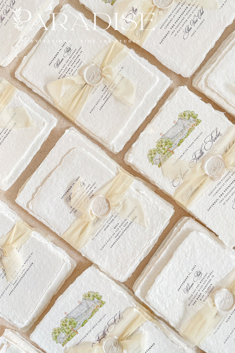 This exquisite wedding invitations suite offers a blend of fine artistry and personal romance. Each fine art invite is printed on luxurious handmade paper, providing a rich, tactile feel. The centerpiece is a custom, hand-painted watercolor venue illustration that captures the unique charm of your location, creating a truly memorable keepsake for your guests. This romantic suite is a beautiful preview of your special day.