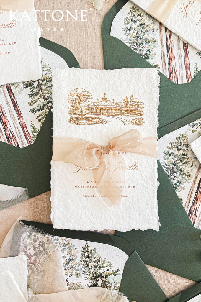 Complete save the date suite including handmade card, envelope, liner and ribbon styling.