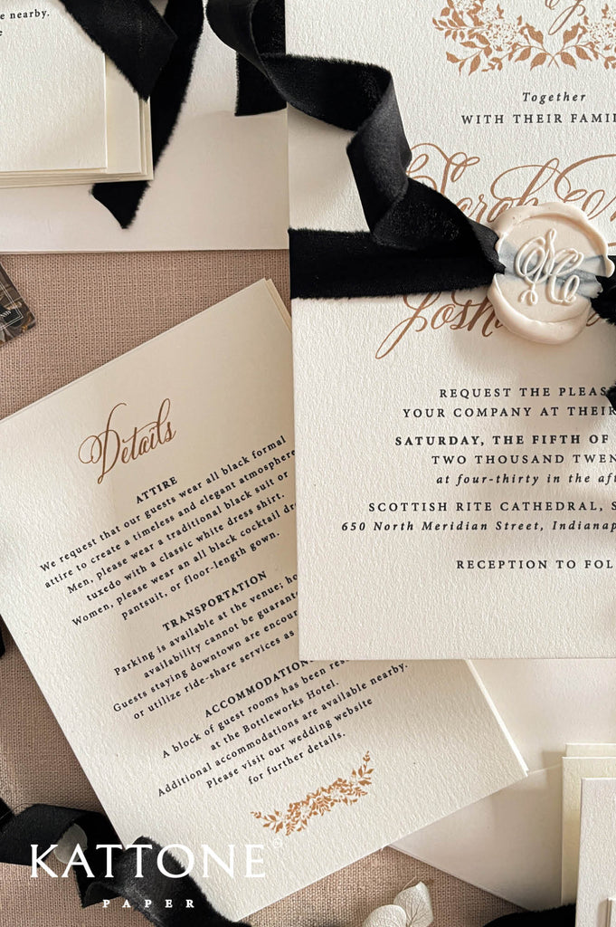 Elegant wedding invitation printed on smooth luxury cardstock featuring refined typography and timeless formal styling.