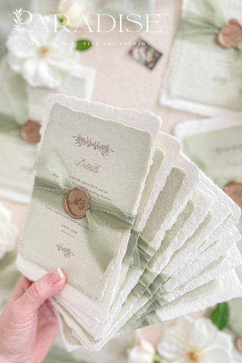 This exquisite wedding invitations suite offers a blend of natural elegance and modern romance. Perfect for a green summer wedding, these invitations are printed on luxurious handmade paper, which provides a rich, tactile feel. The elegant modern calligraphy design adds a touch of contemporary sophistication, setting a fresh and heartfelt tone for your special day.