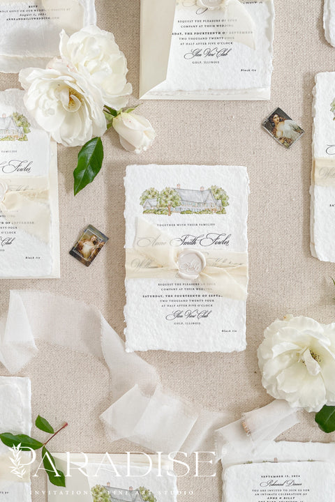 This exquisite wedding invitations suite offers a blend of fine artistry and personal romance. Each fine art invite is printed on luxurious handmade paper, providing a rich, tactile feel. The centerpiece is a custom, hand-painted watercolor venue illustration that captures the unique charm of your location, creating a truly memorable keepsake for your guests. This romantic suite is a beautiful preview of your special day.