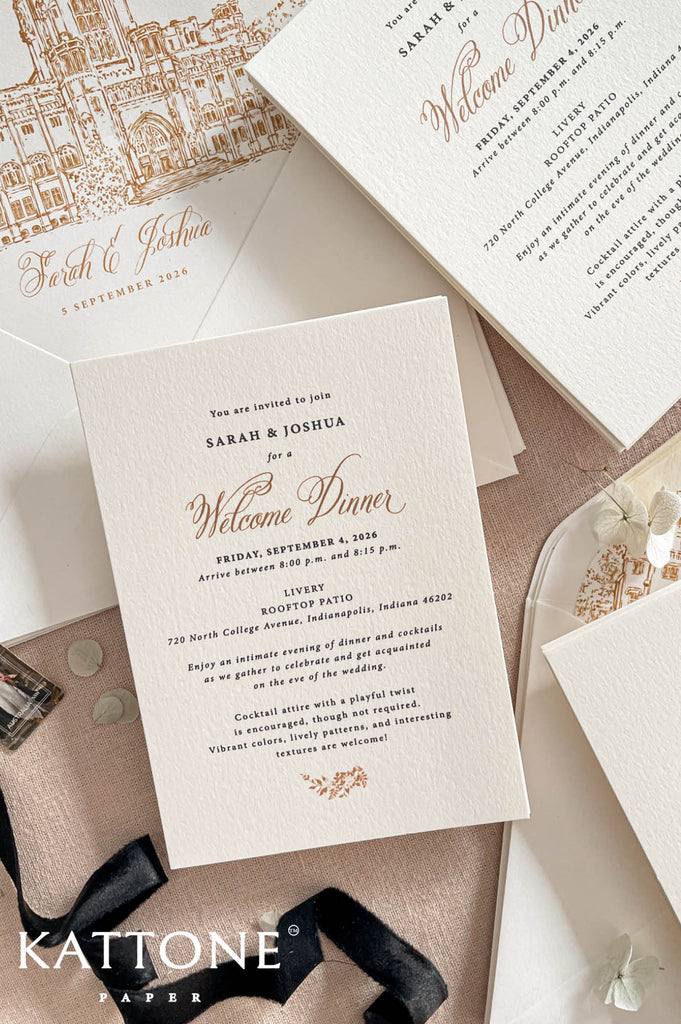 Romantic flat lay of luxury wedding stationery showcasing smooth cardstock invitations, cathedral envelope liners, black velvet ribbon, and coordinating inserts.