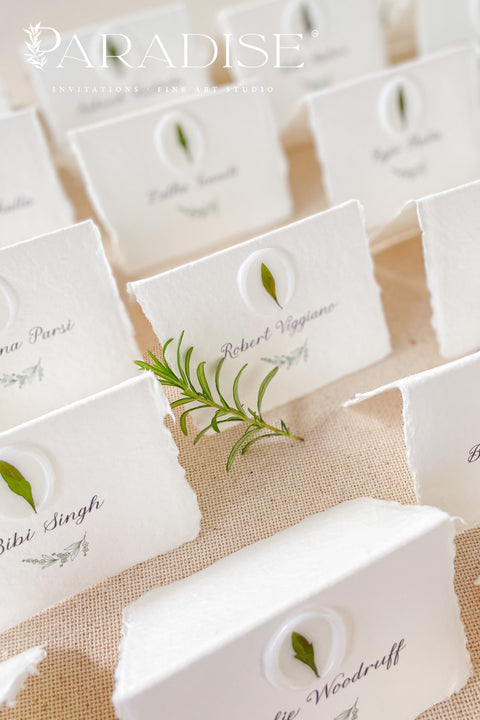 Add an organic, fine-art touch to your event with our handmade paper place cards, crafted from luxurious cotton rag paper with naturally torn deckled edges. Each card features a white botanical wax seal embedded with a real leaf, paired with elegant calligraphy for a soft, romantic aesthetic. Perfect for weddings, garden celebrations, and refined gatherings, these artisan-crafted place cards bring natural beauty and timeless charm to any tablescape.