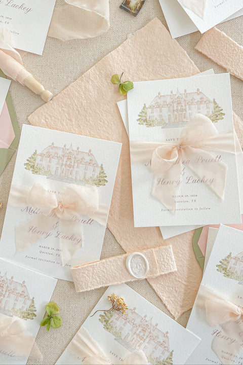 Announce your wedding with timeless artistry through our Save the Date cards, featuring a hand-painted watercolor illustration of your wedding venue and tied with a soft blush silk ribbon. Printed on luxury fine-art paper, each card captures the romance, charm, and craftsmanship that make your wedding story unique. Perfect for fine-art, estate, or destination weddings, this design combines classic elegance with a personal, meaningful touch.