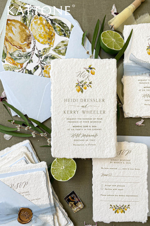 Handmade paper RSVP card with matching lemon illustration and elegant typography for a destination wedding suite.