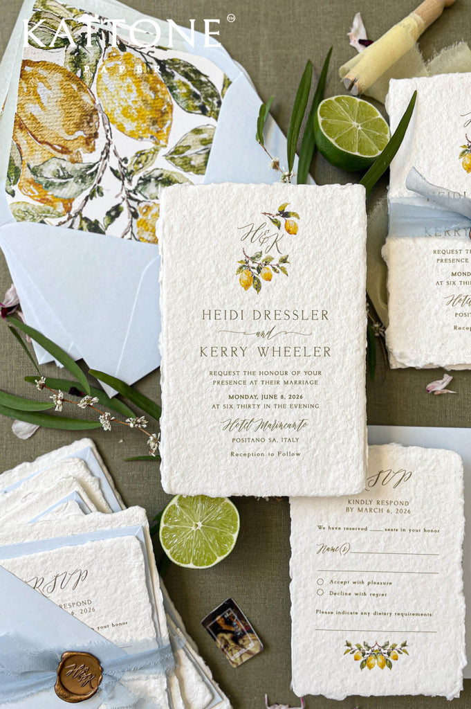Handmade paper RSVP card with matching lemon illustration and elegant typography for a destination wedding suite.
