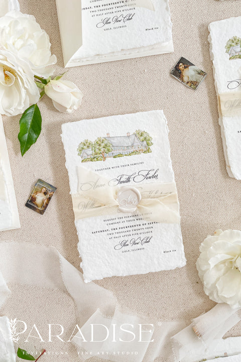 This exquisite wedding invitations suite offers a blend of fine artistry and personal romance. Each fine art invite is printed on luxurious handmade paper, providing a rich, tactile feel. The centerpiece is a custom, hand-painted watercolor venue illustration that captures the unique charm of your location, creating a truly memorable keepsake for your guests. This romantic suite is a beautiful preview of your special day.