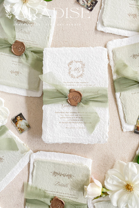 This exquisite wedding invitations suite offers a blend of natural elegance and modern romance. Perfect for a green summer wedding, these invitations are printed on luxurious handmade paper, which provides a rich, tactile feel. The elegant modern calligraphy design adds a touch of contemporary sophistication, setting a fresh and heartfelt tone for your special day.