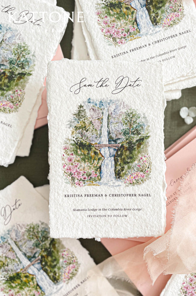 Complete save the date stationery set with handmade deckled edge cards, watercolor venue illustration and coordinating blush envelopes.