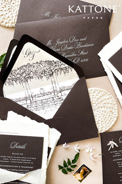 Close-up of handmade cotton paper wedding invitation with organic deckled edges, soft paper texture, refined typography.