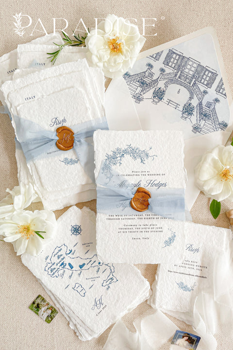 Elevate your special day with our stunning handmade Wedding Invitations, featuring exquisite paper with deckled edges for a touch of elegance. Each invitation is beautifully crafted and adorned with luxurious silk ribbon, making them a perfect choice for your unique celebration. Personalize your invitations to capture your love story, ensuring they set the perfect tone for your wedding.