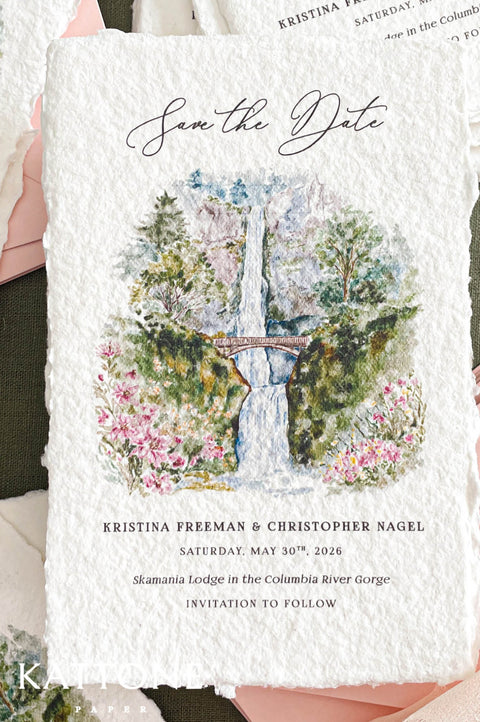 Custom watercolor venue illustration of waterfall, river gorge, trees and pink florals printed on textured handmade cotton paper save the date card with deckled edges.