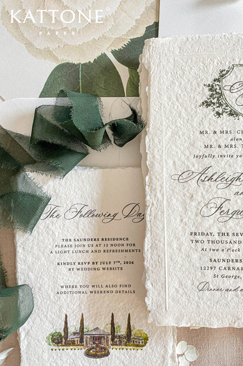 Handmade cotton paper wedding invitation with naturally deckled edges featuring elegant script typography and delicate botanical crest illustration.
