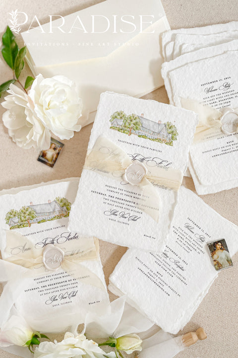 This exquisite wedding invitations suite offers a blend of fine artistry and personal romance. Each fine art invite is printed on luxurious handmade paper, providing a rich, tactile feel. The centerpiece is a custom, hand-painted watercolor venue illustration that captures the unique charm of your location, creating a truly memorable keepsake for your guests. This romantic suite is a beautiful preview of your special day.