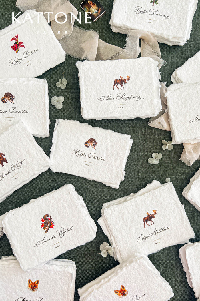 Overhead flat lay of personalized woodland wedding escort cards featuring watercolor-style illustrations of a moose, fox, raccoon, squirrel, ladybug, and evergreen tree. Ivory handmade paper cards with organic deckled edges, elegant calligraphy guest names, and printed table numbers, arranged on dark green fabric with flowing beige silk ribbon.