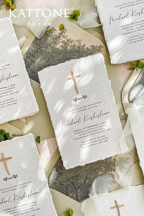 A meaningful christening invitation handcrafted from luxurious handmade paper and designed to honor faith and tradition. Featuring a minimalist Christian cross, refined typography, and natural deckled edges, this design embraces understated elegance and spiritual symbolism. Perfect for baptisms and church ceremonies, it offers a timeless keepsake that reflects the sacred importance of the day.