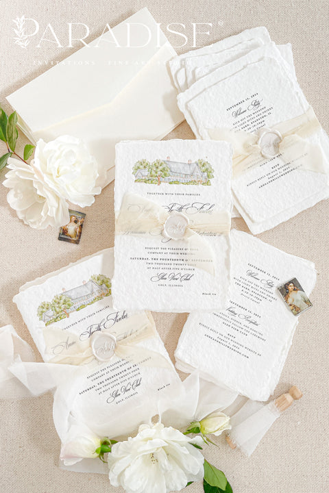 This exquisite wedding invitations suite offers a blend of fine artistry and personal romance. Each fine art invite is printed on luxurious handmade paper, providing a rich, tactile feel. The centerpiece is a custom, hand-painted watercolor venue illustration that captures the unique charm of your location, creating a truly memorable keepsake for your guests. This romantic suite is a beautiful preview of your special day.