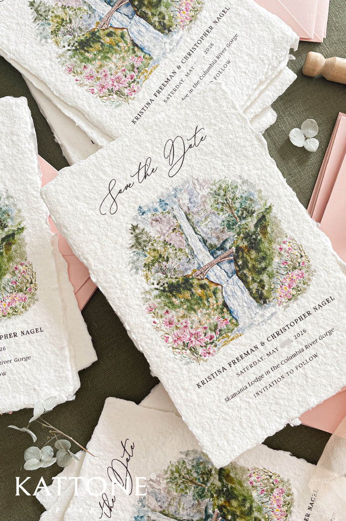 Detailed watercolor painting of waterfall, stone bridge and blooming florals in soft pastel tones printed on fine art cotton paper invitation.