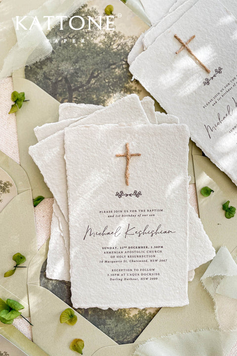 A meaningful christening invitation handcrafted from luxurious handmade paper and designed to honor faith and tradition. Featuring a minimalist Christian cross, refined typography, and natural deckled edges, this design embraces understated elegance and spiritual symbolism. Perfect for baptisms and church ceremonies, it offers a timeless keepsake that reflects the sacred importance of the day.