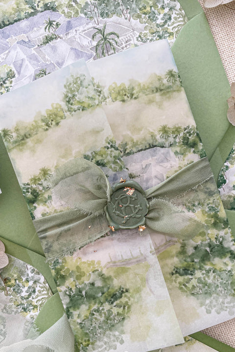 Announce your marriage with an invitation suite that is a work of fine art. These romantic garden wedding invites feature a bespoke custom venue illustration watercolor, hand-painted to capture the unique charm of your location. A subtle and sophisticated touch is added with blind embossing, creating a raised texture of delicate botanical details that adds to the luxurious feel. The combination of artistry and texture makes this a truly special and memorable romantic suite.