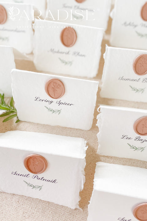 Add refined elegance to your event with our handmade paper place cards, crafted from luxurious cotton rag paper and finished with soft deckled edges. Each card features elegant calligraphy paired with a blush wax seal, creating a timeless and romantic detail for weddings, dinners, and fine-art celebrations. These artisan place cards bring texture, charm, and sophistication to any tablescape.