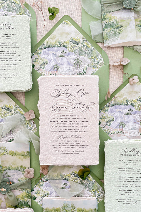 Announce your marriage with an invitation suite that is a work of fine art. These romantic garden wedding invites feature a bespoke custom venue illustration watercolor, hand-painted to capture the unique charm of your location. A subtle and sophisticated touch is added with blind embossing, creating a raised texture of delicate botanical details that adds to the luxurious feel. The combination of artistry and texture makes this a truly special and memorable romantic suite.