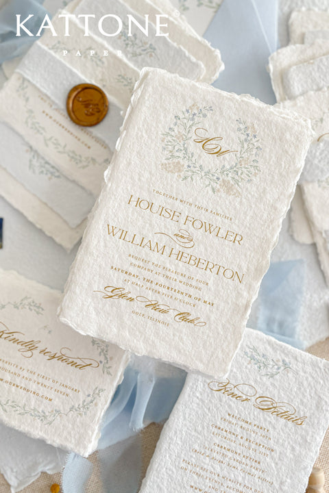 Embrace bohemian charm and natural elegance with the Alcina boho rustic stationery sets. Each handmade wedding invitation is a beautiful work of art, featuring luxurious cotton rag paper with a romantic deckle edge. To complete the bohemian feel, every suite is embellished with a delicate tassel, creating a uniquely personal and tactile experience for your guests. The combination of rustic textures and charming details makes this collection perfect for a relaxed and romantic celebration.