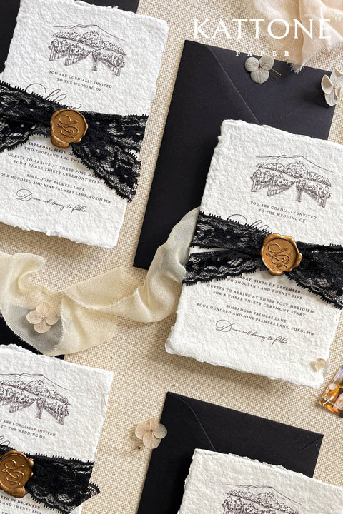 Announce your special day with a timeless, classic feel with these beautiful cotton invites. This vintage invite set features a deeply personal and artistic custom venue illustration, hand-drawn by us to capture the charm of your wedding location. Printed on luxurious cotton paper, these invitations have a soft, rich texture that feels both rustic and elegant, making them a beautiful keepsake for your guests.