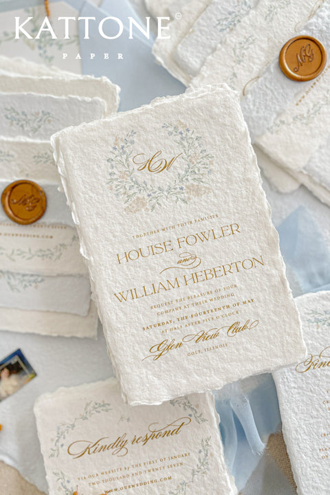 Embrace bohemian charm and natural elegance with the Alcina boho rustic stationery sets. Each handmade wedding invitation is a beautiful work of art, featuring luxurious cotton rag paper with a romantic deckle edge. To complete the bohemian feel, every suite is embellished with a delicate tassel, creating a uniquely personal and tactile experience for your guests. The combination of rustic textures and charming details makes this collection perfect for a relaxed and romantic celebration.