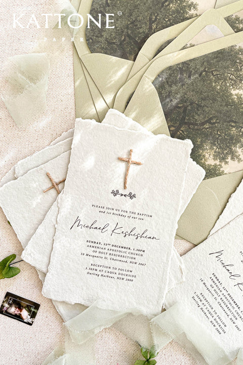 A meaningful christening invitation handcrafted from luxurious handmade paper and designed to honor faith and tradition. Featuring a minimalist Christian cross, refined typography, and natural deckled edges, this design embraces understated elegance and spiritual symbolism. Perfect for baptisms and church ceremonies, it offers a timeless keepsake that reflects the sacred importance of the day.