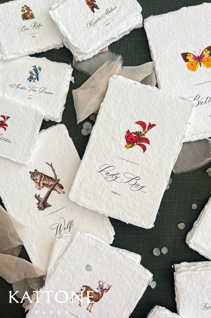 Personalized woodland wedding escort cards on textured ivory handmade paper with deckled edges, featuring colorful watercolor illustrations of a red ladybug, deer, butterfly, and evergreen tree. Individual guest names in elegant black calligraphy and table numbers are displayed against dark green fabric with flowing beige chiffon ribbon.