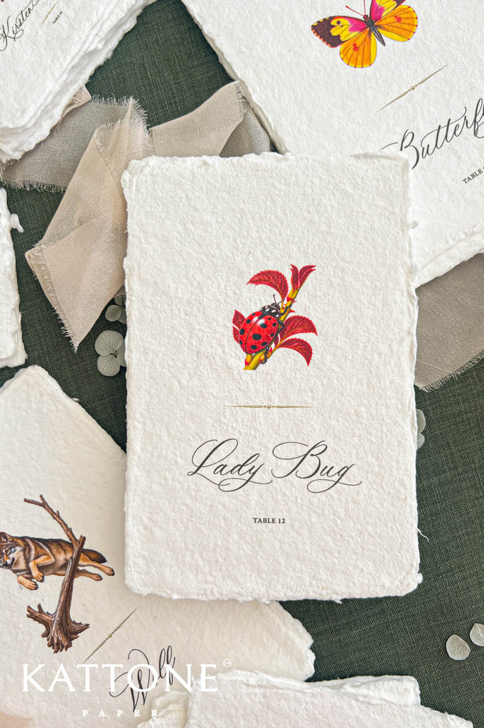 Close-up of a personalized handmade paper wedding escort card featuring a vibrant red and black watercolor ladybug perched on a branch with red leaves, delicate gold divider, elegant calligraphy guest name, and table number. Styled with matching woodland animal escort cards, beige chiffon ribbon, and dark forest green fabric.